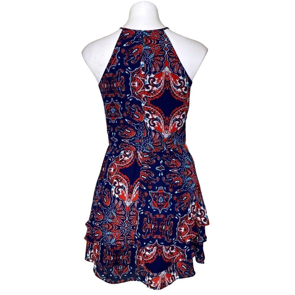 Parker Bandana Print Lace-up Halter Mini Dress, Navy Red Ruffle Hem Women's S - Picture 7 of 12